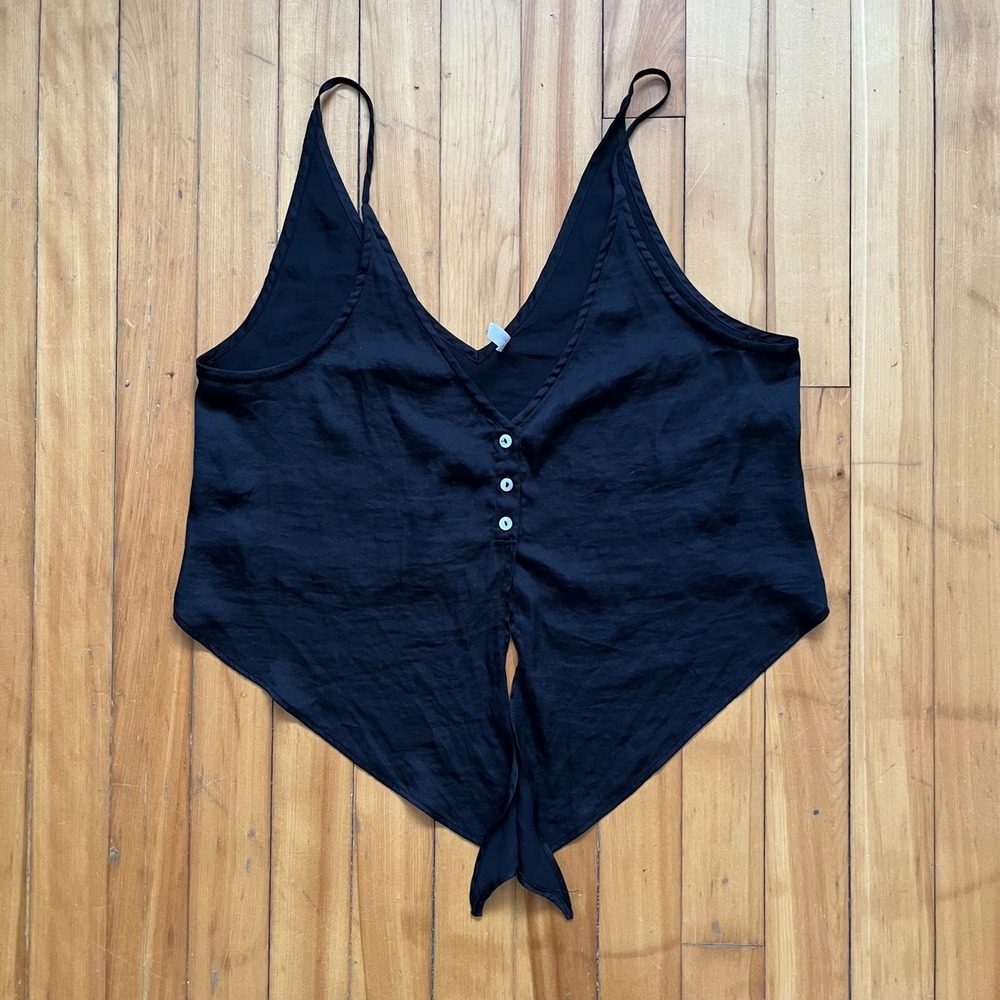 Intimately Free People Black Silky Tie Front Cropped V-Neck Cami Tank Top Small